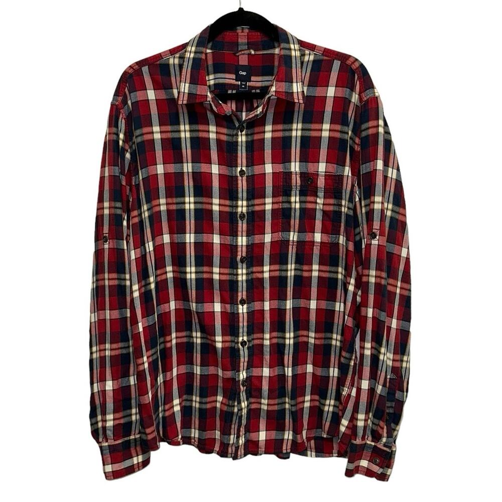 Gap Red Navy Plaid Button Down Shirt XL Tabbed Sleeve Flannel Casual